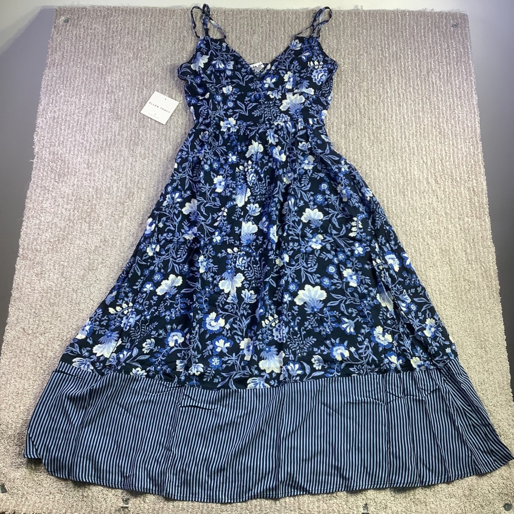 Ellen Tracy Navy Cottage Floral Maxi Dress V Neck Smocked Back Size XS NWT